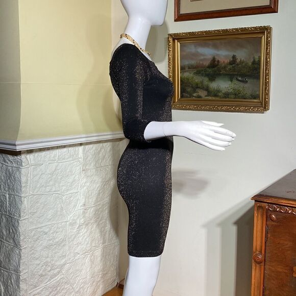 Bebe Stretch Metallic Black & Gold Bodycon Mini Dress 3/4 Sleeves - Picture 6 of 10
